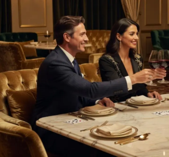 Koláž fotografií z VIP večerů, pokerových stolů a elegantního stolování