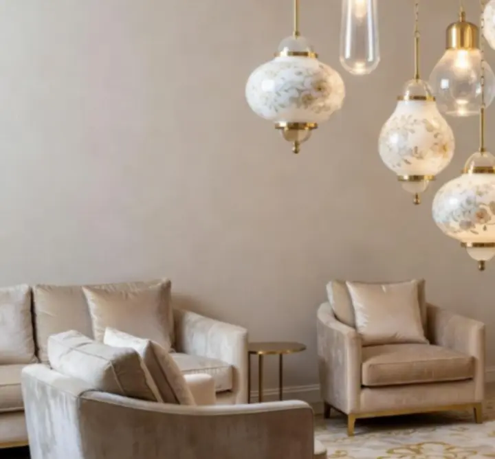 Detail luxusního osvětlení a champagne zlatých dekorací ve VIP lounge