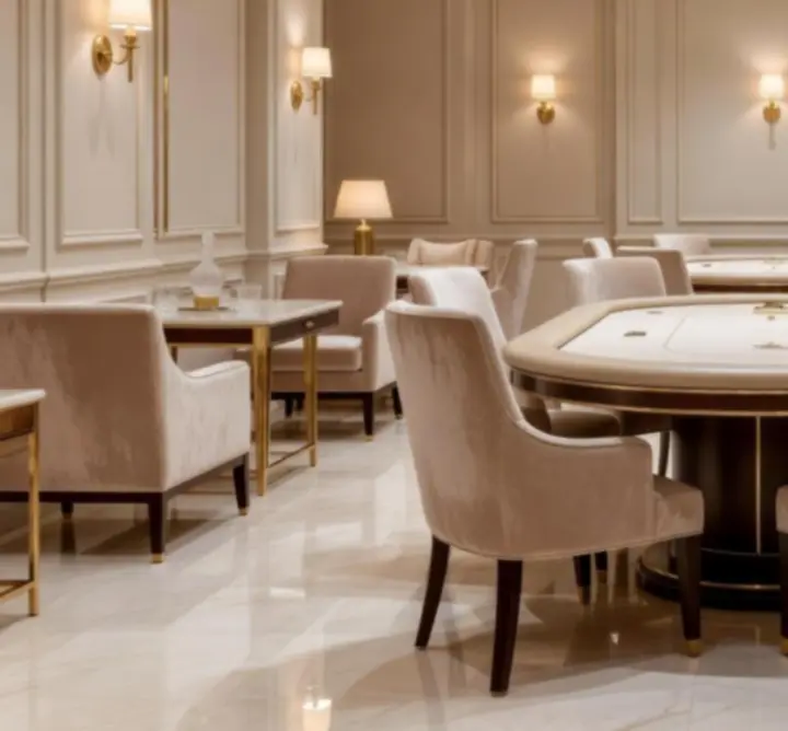 Luxusní interiér pokerového lounge VIP VECERY PRAHA v teplém zlatém osvětlení