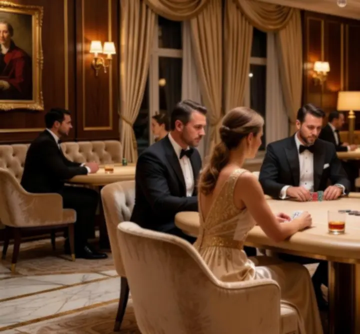 Hosté u VIP pokerového stolu v elegantním lounge prostředí