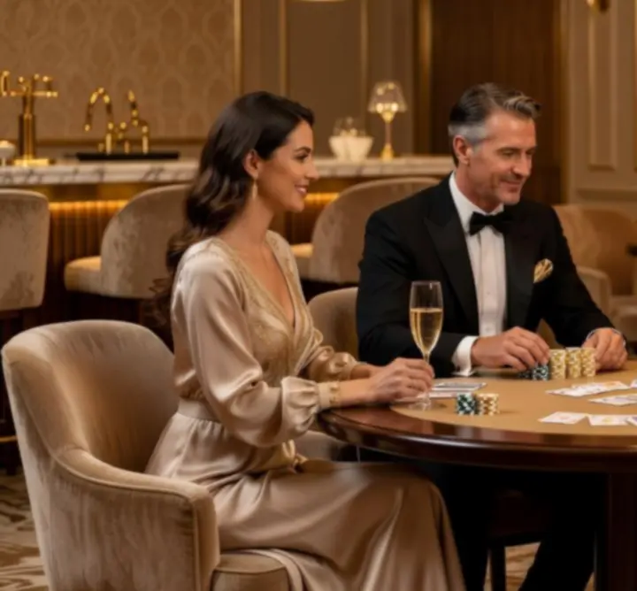 VIP pokerový večer v luxusní lounge s hosty u osvětleného stolu